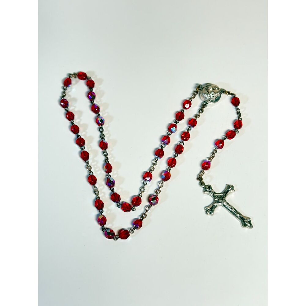 Red Glass Bead Rosary Silver Tone Crucifix Italy No Clasp 14 Inch